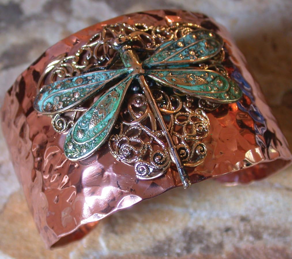 Elaine Coyne Wearable Art Forged Copper and Patina Brass Neo-Victorian Dragonfly on Filigree Cuff Bracelet - Image 4