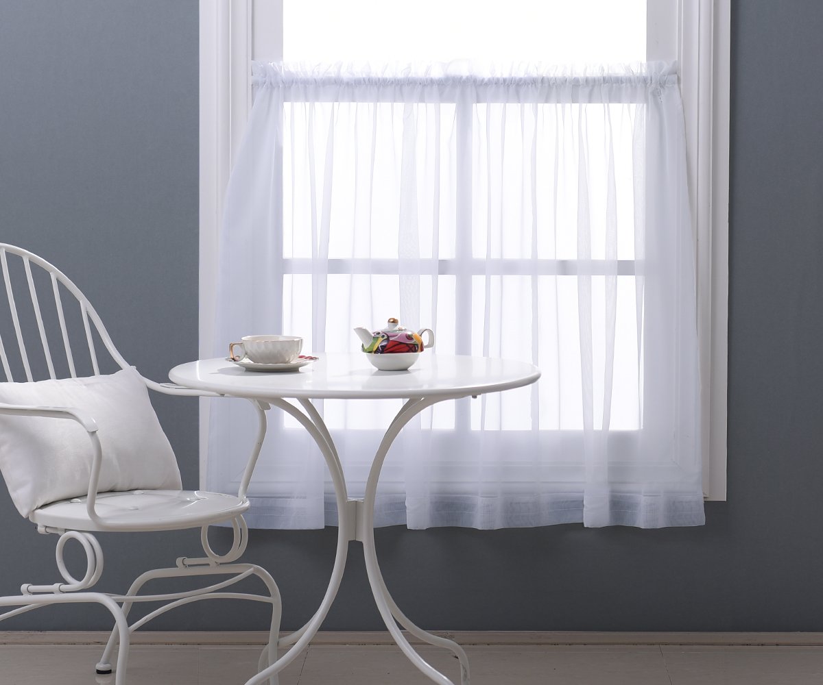 NICETOWN Sheer Curtain Valances for Kitchen - Window Treatment Thin Voile Tier Drapes for Half Window (Set of 2 Panels, W60 x L36, White)