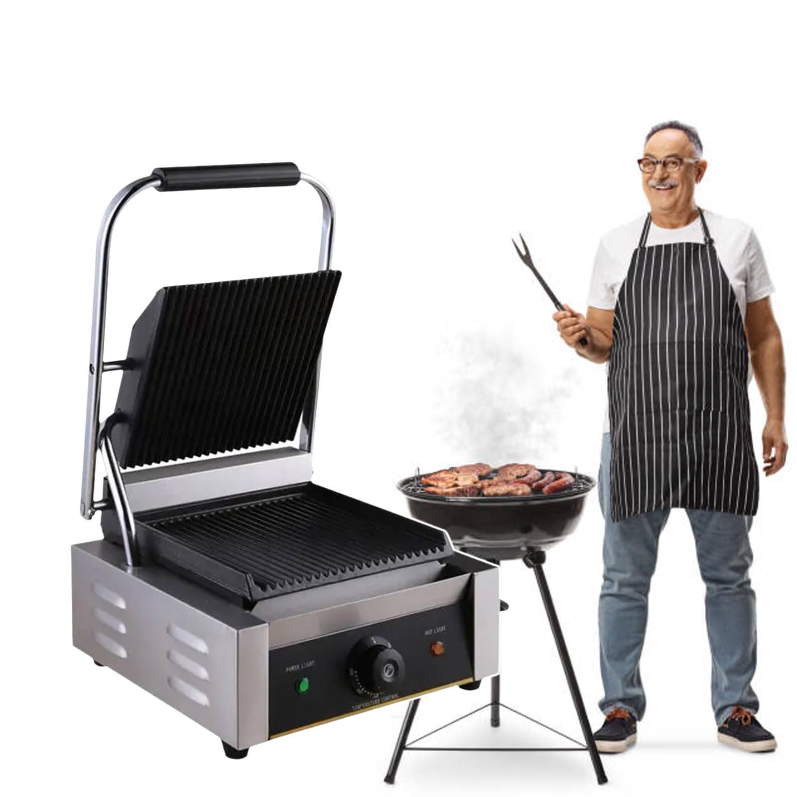 SENJINGHUA 1800W Panini Grill, Sandwich Maker, Commercial Smokeless Indoor Grill, Removable Plates, Stainless Steel, for Steak, Hamburger, Waffle,110V