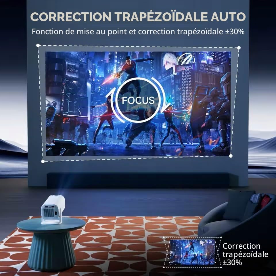 [Apps integrées] Vidéoprojecteur Android avec WiFi 6 et Bluetooth 5.4 Mini Projecteur 1080P Supporte 4K Correction Trapézoïdale Automatique Rotation 180° Compatible HDMI TV Stick Memory Stick Laptop