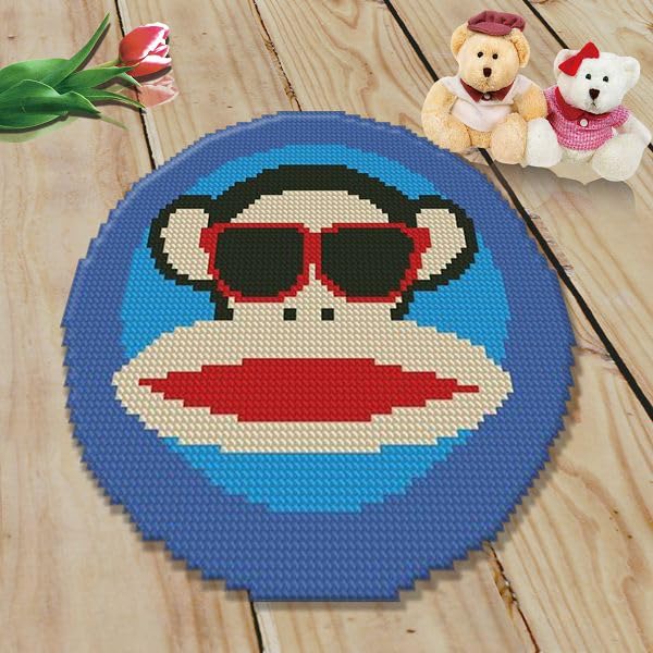 CraftsFabrics Funky Monkey Rug 60% Cotton 40% Polyester DIY Crafts Yarn Carpet Round Shape Animal Custom Latch Hook Rug Crochet Kits for Beginners Adults