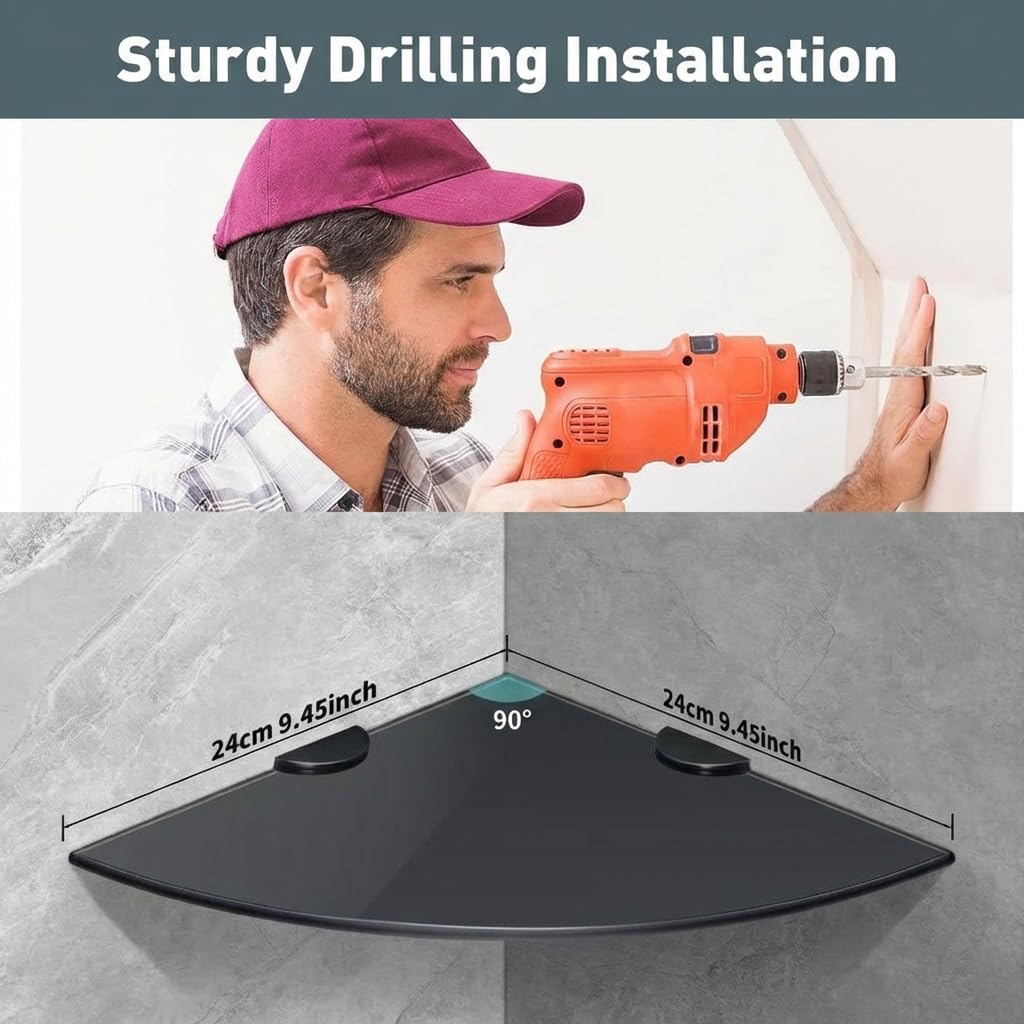 Glass Corner Shelf, 2-Pack Heavy Duty Tempered Glass Bathroom Shelf with SUS 304 Stainless Steel Brackets Wall Mounted Floating Shower Shelves for Shampoo Soap Drilling Installation