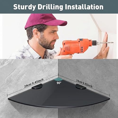 Miniatura 2 de Estante esquinero de vidrio para baño, estantes de ducha, paquete de 2 unidades, color negro, flotante, templado, esquinero para baño, organizador