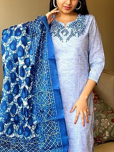 Image of Leaf Embroidered 3 /4 Sleeve Cotton Kurti Pant Set with Dupatta for Women