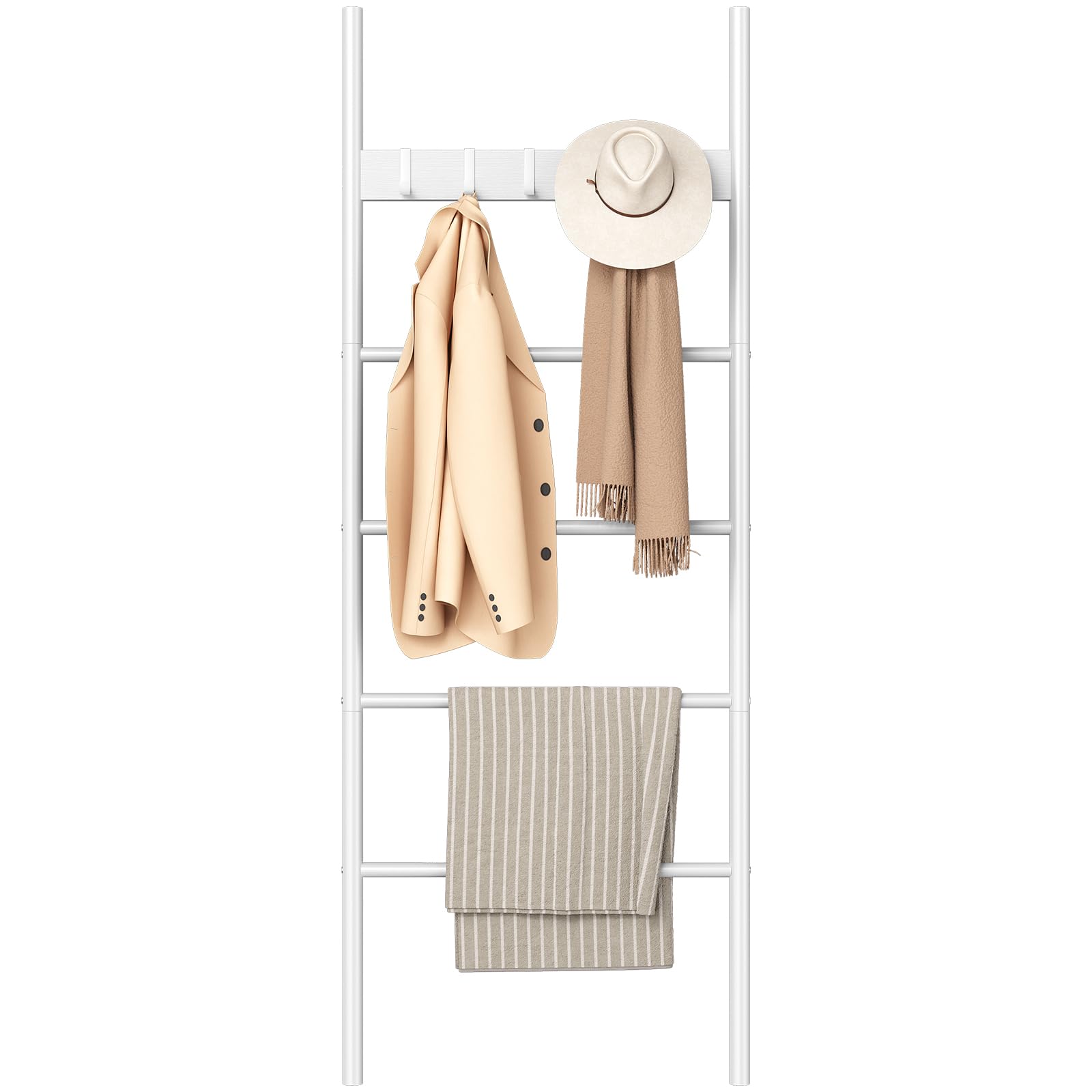 HOOBRO Porte-Serviettes sur Pied, Étagère Échelle, 5 Amovibles Crochets, 60 x 2 x 177 cm, pour Serviette, Couverture, Vêtement, Foulard, Style Industriel, Gain de Place, Blanc EWW60CJ01