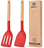 Vista 9 de Paquete de 2 espátulas de cocina de silicona, volteador sólido resistente al calor, espátulas ranuradas antiadherentes con mango corto de madera