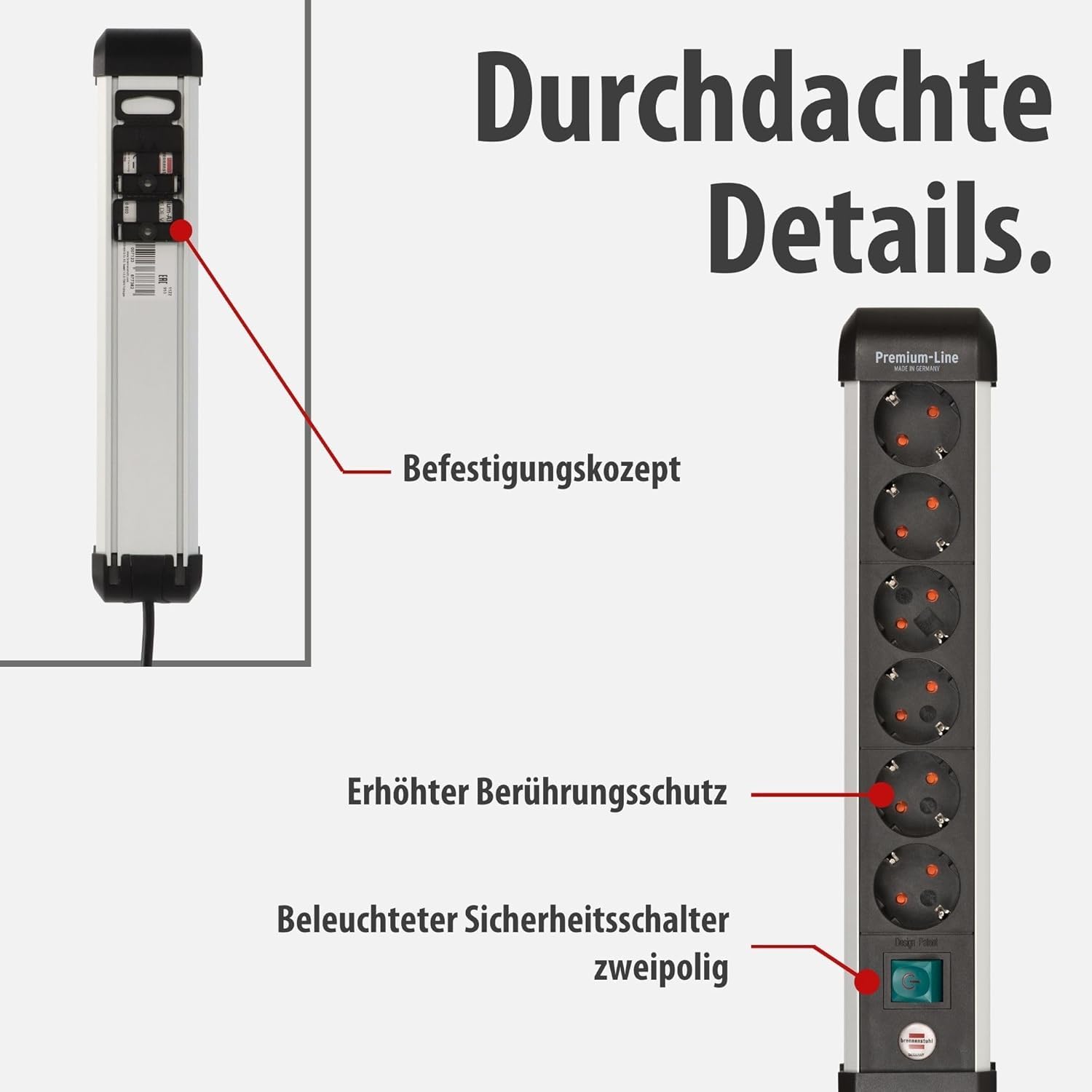 Brennenstuhl Premium-Alu-Line Steckdosenleiste/Steckerleiste aus hochwertigem Aluminium, Mehrfachsteckdose mit Schalter und 3m Kabel (6-Fach Steckdosenleiste | 5 Stück)