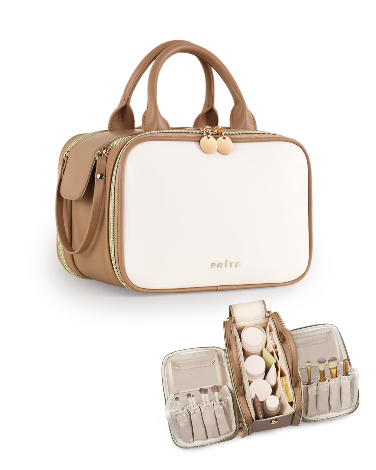 Prite Trousse de maquillage pour femme, grande capacité, étanche, trousse de toilette portable ouverte et plate avec porte-brosse autoportant et poignée, Beige-marron, Grand, Pratique/organisé