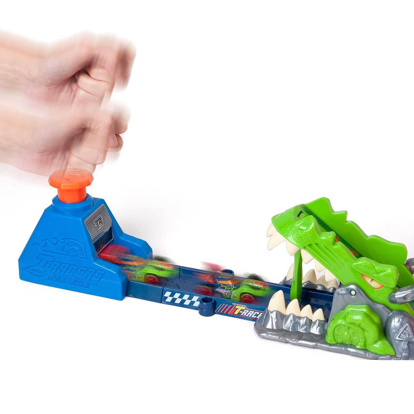 T-Racers Mix ‘N Race Volcanosaurus Pista para Coches de Juguete T-Racers, Contiene 1 Disparador, 3 Pistas, 1 Coche Exclusivo Nitro Rex y 4 Acrobacias