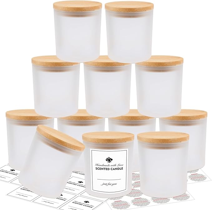 SUPMIND 12 Pack Glass Candle Jars10oz Frosted Empty Candle Jars with Bamboo Lids