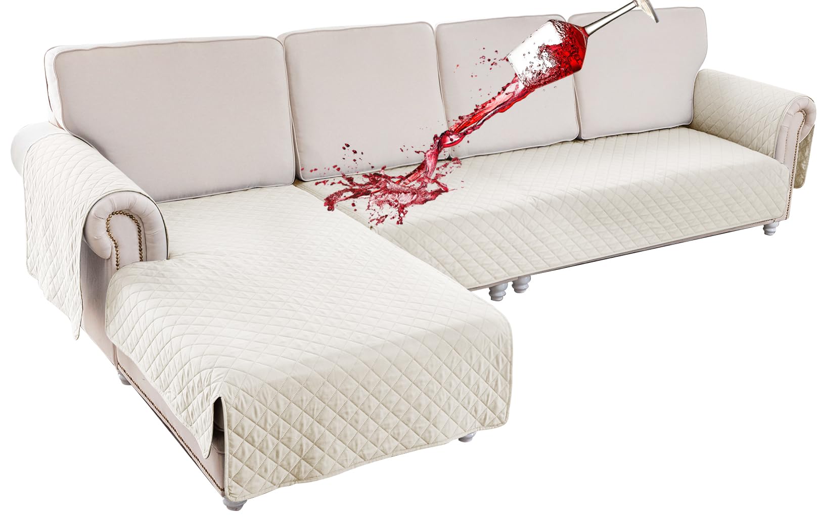 BT.WA Sectional Couch Covers Waterproof L Shape Sofa Cover 2-Piece Reversible Couch Slipcover with Chaise Cover Durable Furniture Protector Sofa Slipcovers for Pets Dog Cat (Large, Milk White)