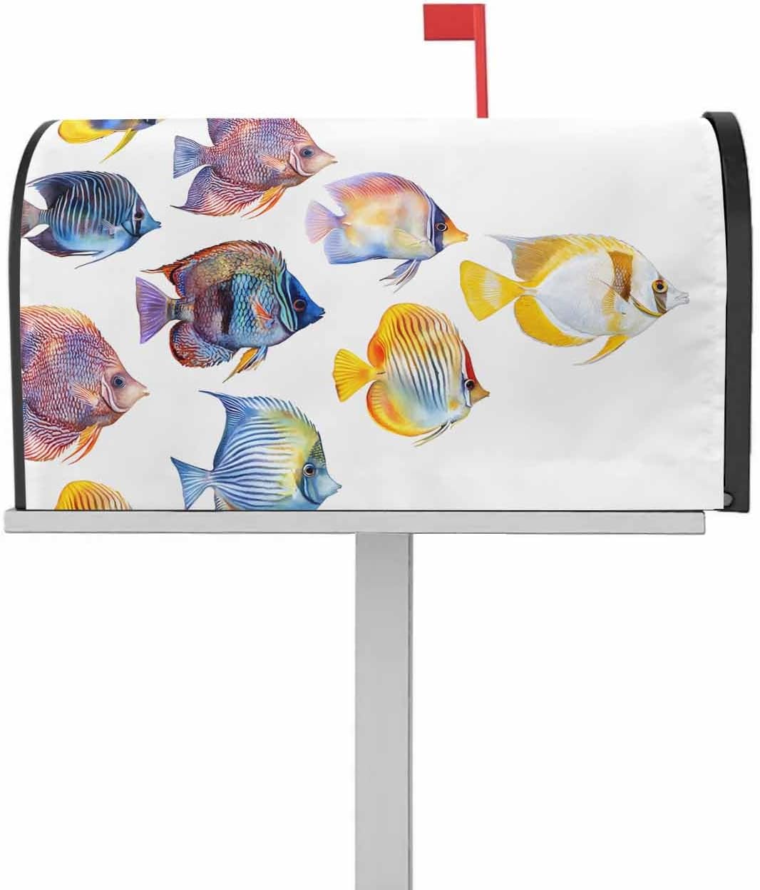 Coastal Fishes Mailbox Covers Magnetic Standard Size, Summer Beach Ocean Life Watercolor Decorative Post Letter Numbers Box Wrap Decoration Covers Small Accessories for Garden Yard Outdoor Décor