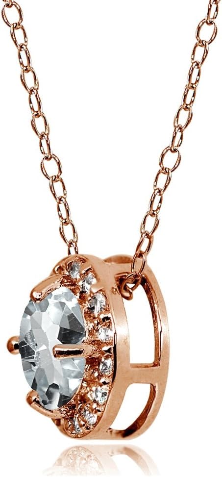 Ice Gems Rose Gold Flashed Sterling Silver Genuine, Created or Simulated Gemstone Cubic Zirconia Accents Round Halo Necklace