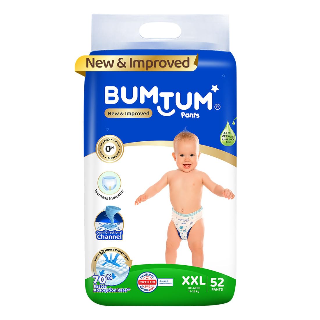 Bumtum Baby Diaper Pants, XXL (Size 6), 15-25 kg, Double Layer Leakage Protection Infused With Aloe Vera, Cottony Soft High Absorb Technology, 52 Diaper