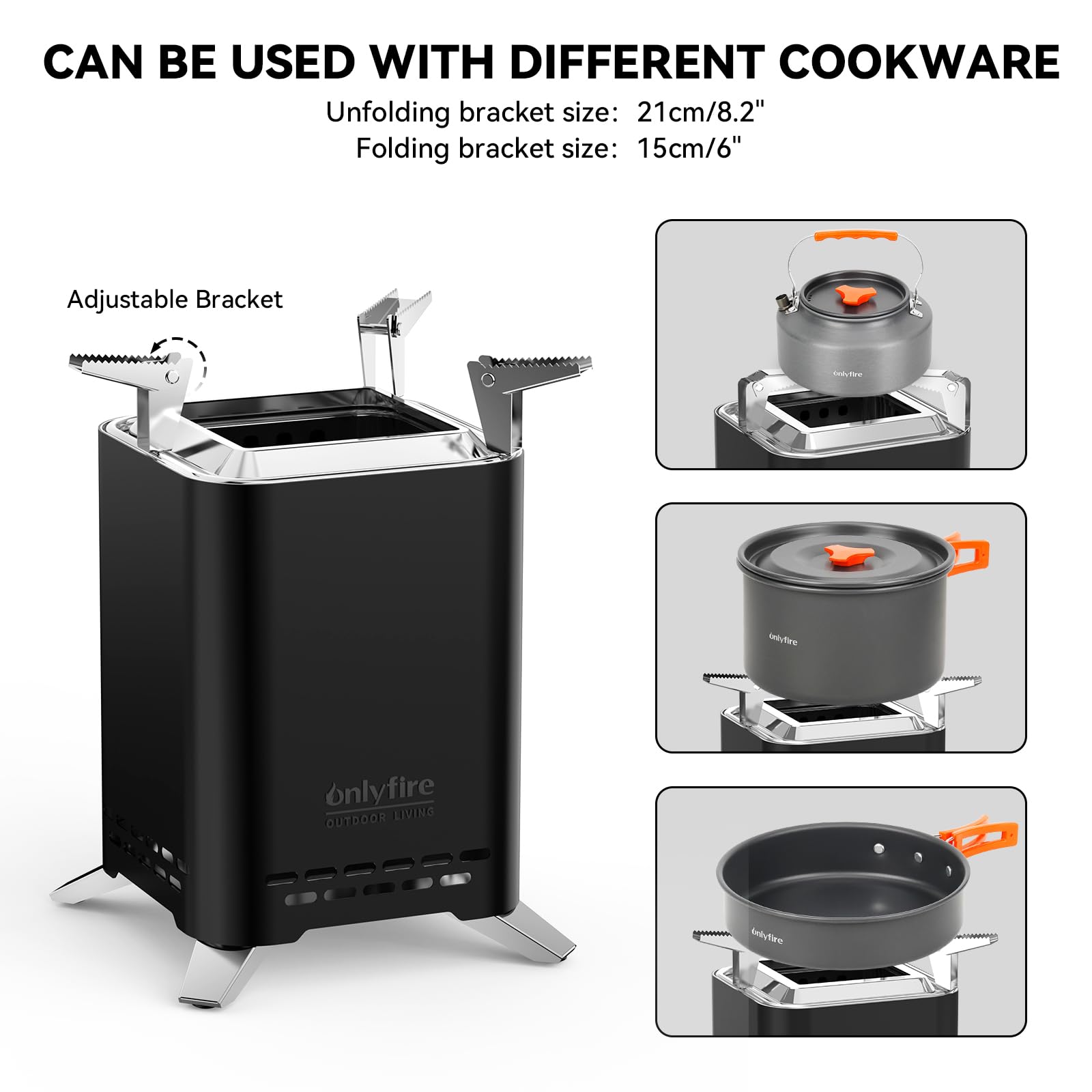 Onlyfire 20 cm Quadrato Braciere Senza Fumo da Tavolo, Focolare Portatile con Staffa per Vaso e Borsa da Trasporto, Bruciatura a Legna e a Pellet, per Campeggio all'aperto Patio, Acciaio Inox, Nero