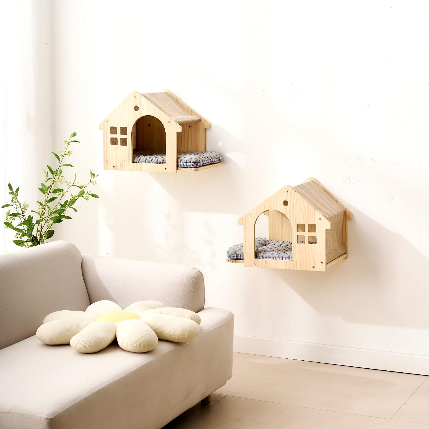 SHENGOCASE Wall Mounted Cat Furniture Set, Natural Wood, 47.2 inch Balcony Perch with Guardrail, 4 Steps, 2 Houses with Cushions