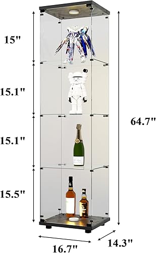 Miniatura 202 de Vitrina de cristal con 4 estantes con tira de luces LED y cerradura, vitrina de vitrina con ruedas y 1 puerta, vitrina de vidrio templado para sala