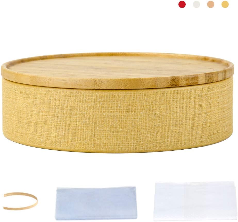 Storage Round Box with Bamboo Wooden Lid, Scroll Pattern Secure Durable Storage and Organization for Seasonings, Herbs or Small Items Coffee, Dry Goods Candy Storage Loose Leaf (Brown, S)
