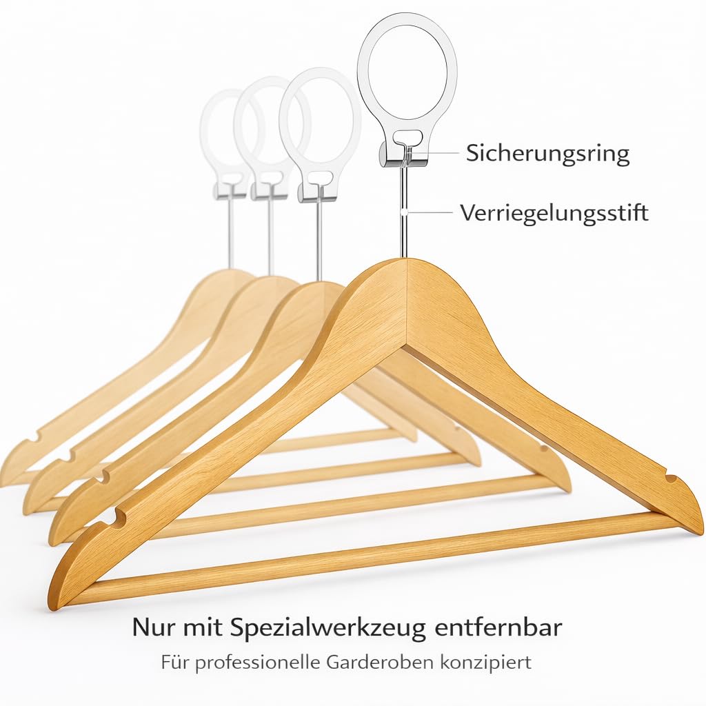 MELA'S Pack de 50 Perchas de Madera antirrobo con Anillo de Seguridad – Solo Desmontables por el Personal – para hoteles y Uso Profesional