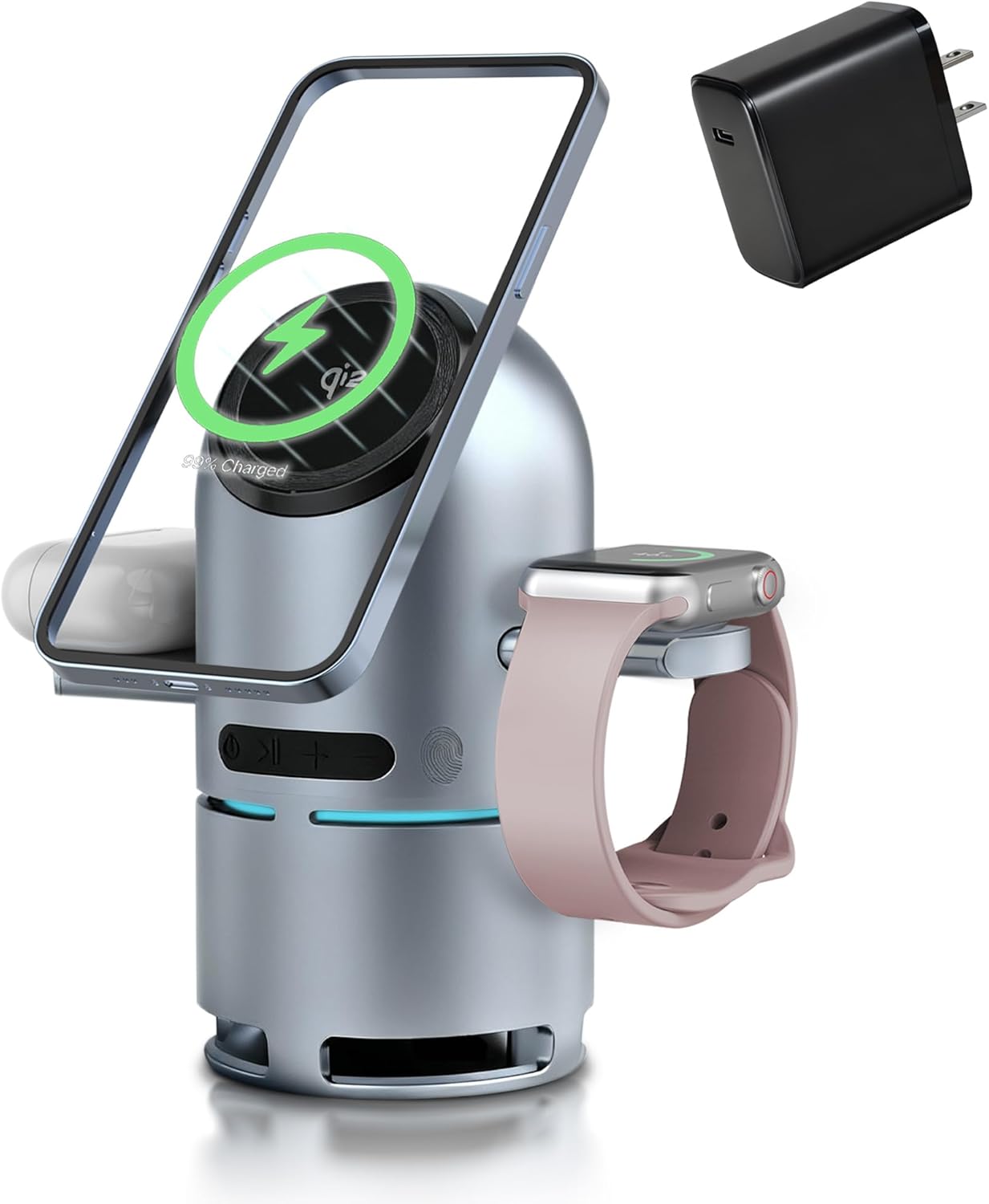 3-in-1 Charging Station for Multiple Devices, Charging Stand with Portable Bulti-in Speaker, Qi2 Certified 30W Fast Wireless Charger for iPhone 17/16/15/14/13/12 Pro, Apple Watch & AirPods