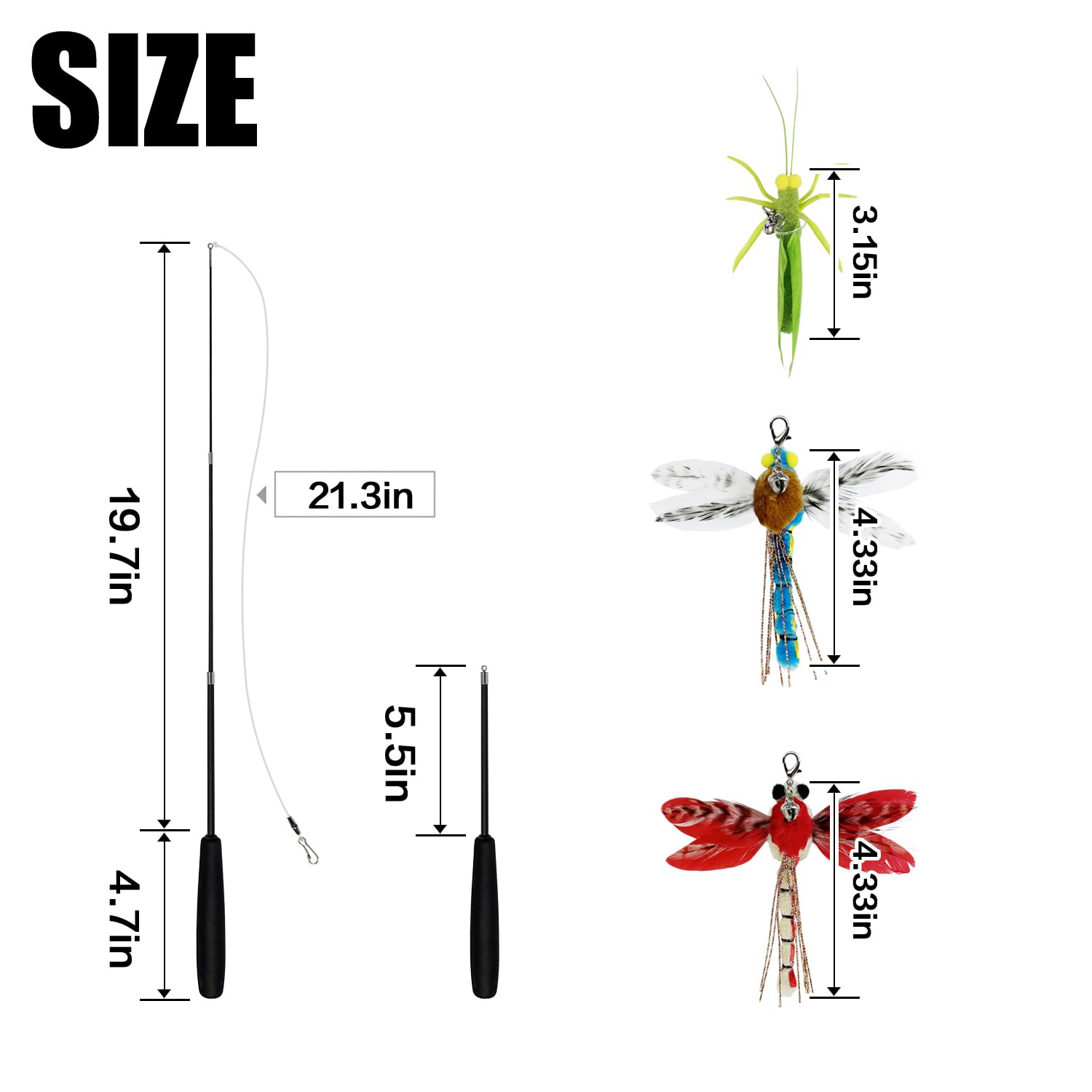 TTcat Cat Feather Wand Toys,Retractable Wand Toy with 3 Simulation Insects Refills, Transparent Carbon Wire,Interactive Cat Toy Kitten Toy for Indoor Cats to Play Chase Exercis
