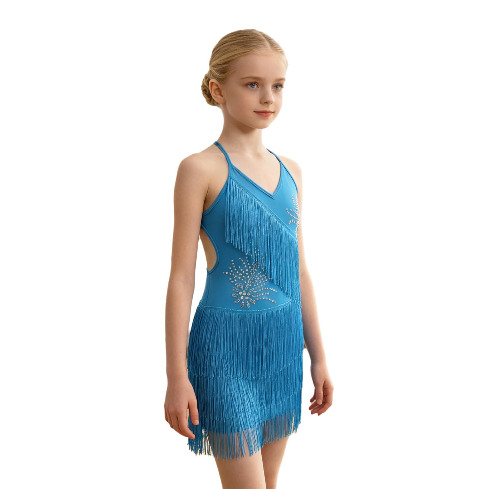 Abito Danza Latino Americano Bambina Vestito Danza Latina Moderna Senza Maniche Scintillante Abito da Pattinaggio Artistico con Nappe Frange Strass