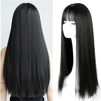 Long Black Straight Wig with Fringe 72 cm Natural Synthetic Black Wigs for Women Ladies Cosplay Black Wig for Daily Halloween Costume Party Carnival