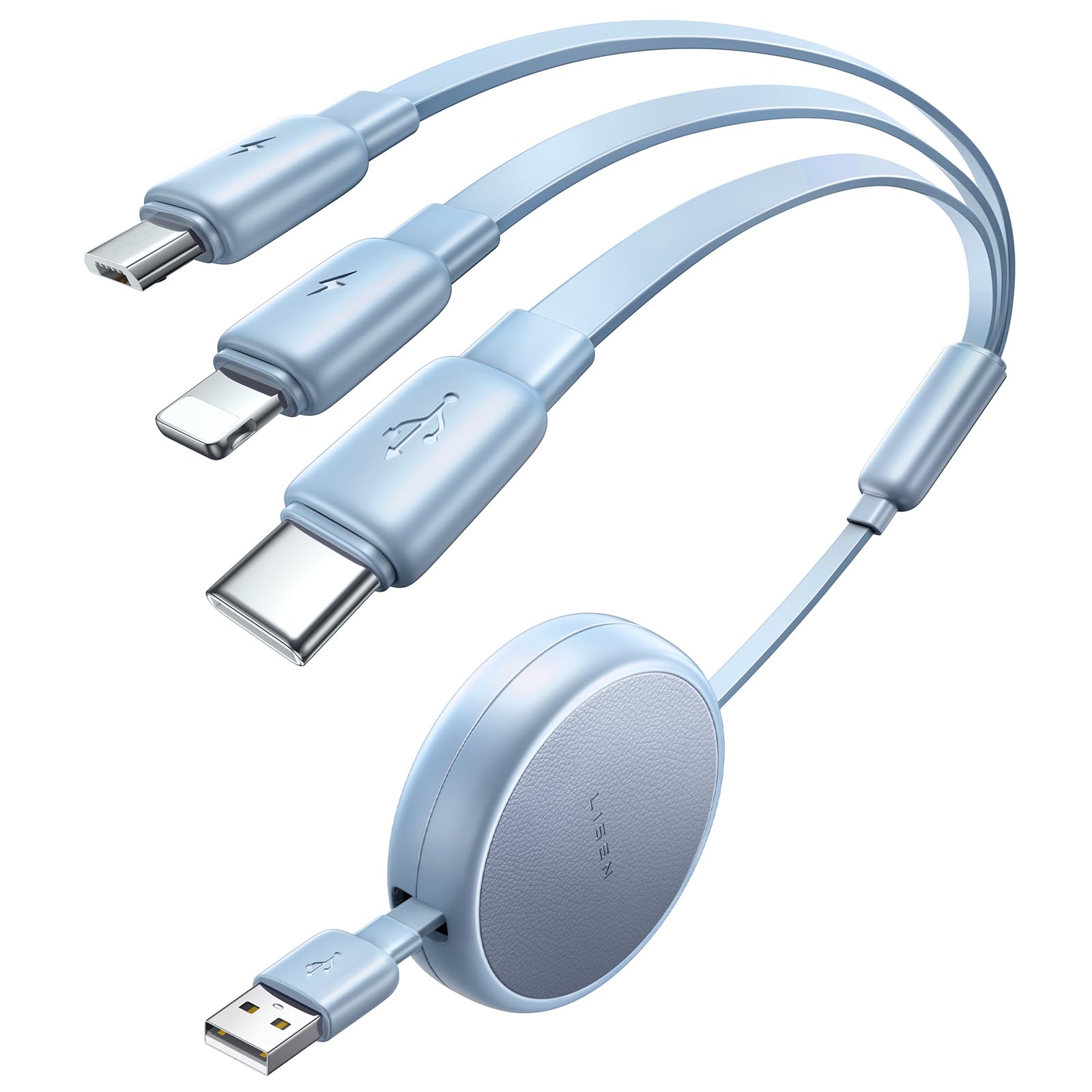 LISENMulti Charging Cable iPhone 16 Charger Cord, 3 in 1 Charger Retractable Cable for Car, Multi USB Charging Adapter Cable Kit with Type C/Micro USB/8-Pin Port for iPhone/Samsung/PS/Kindle, Blue