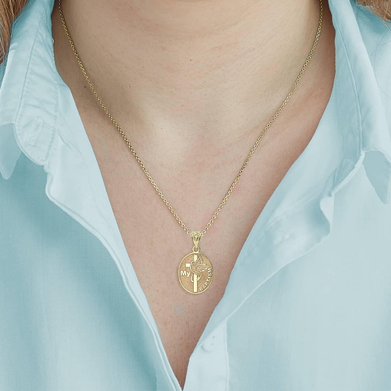 10K or 14K Yellow, White, or Rose Gold Personalized Name My Baptism Dove Cross Engravable Oval Charm Pendant - Choice of Metal