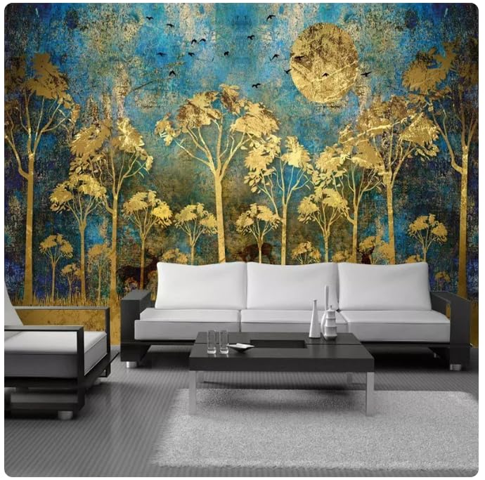 Papier peint intissé mural abstrait oiseau forêt dorée decoration salon chambre 350x256
