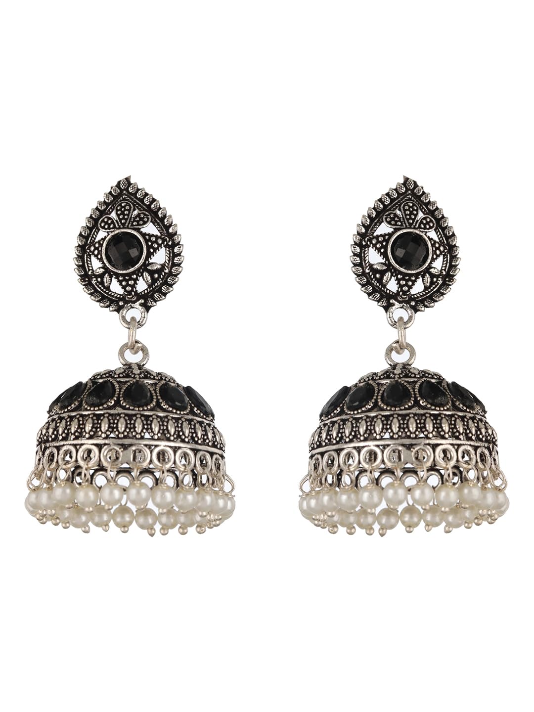 Aatmana Black Stone Studded & Pearl Beaded Dome Shaped Jhumka Earrings