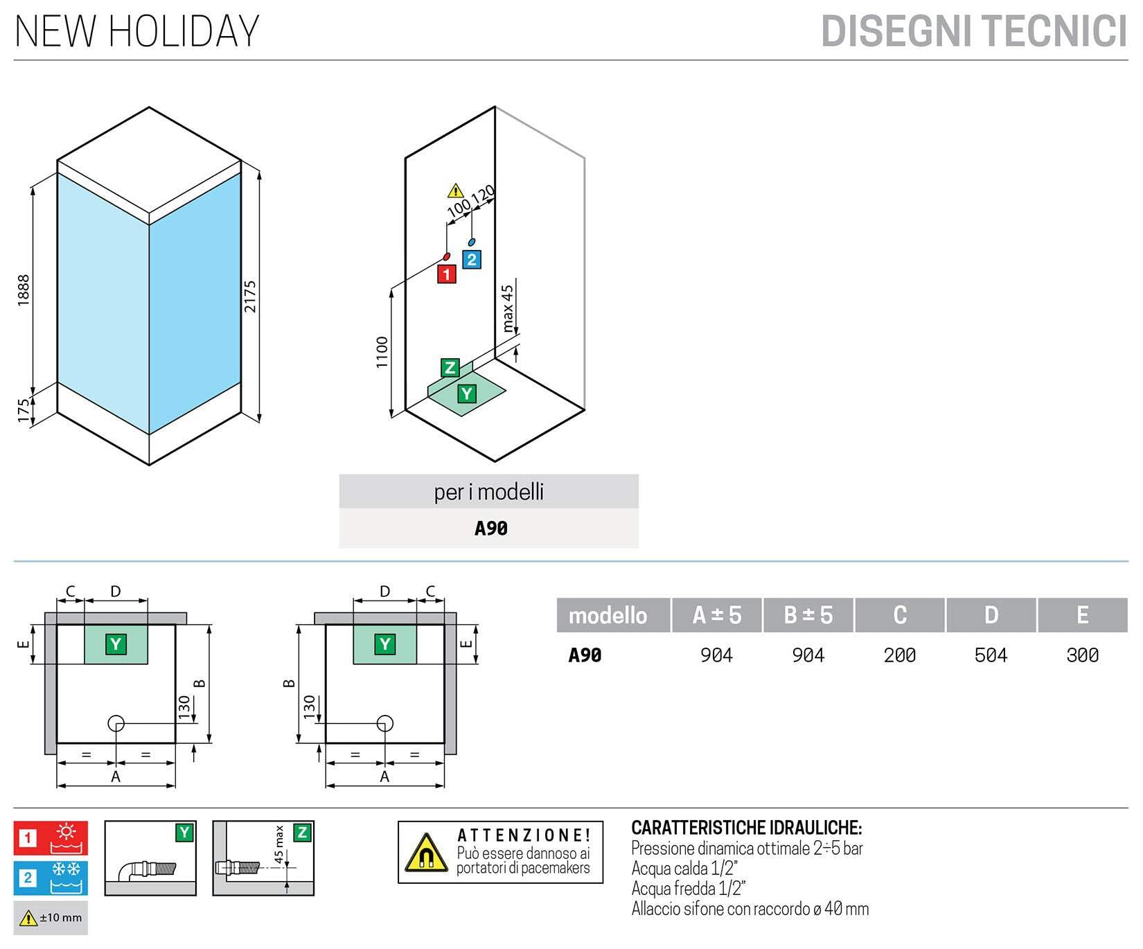 Novellini New Holiday A90 Standard con techo 90 x 90 cm Cabina de ducha equipada 2 puertas correderas 2 fijas ángulo derecho izquierdo mezclador mecánico cristal transparente perfil blanco alto 217,5
