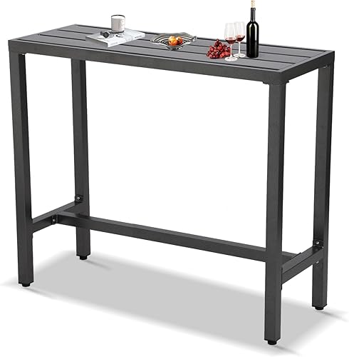 Miniatura 22 de Mesa de bar para exteriores, consola de patio, mesa de altura con marco de acero recubierto de polvo, resistente a la intemperie, parte superior Gris
