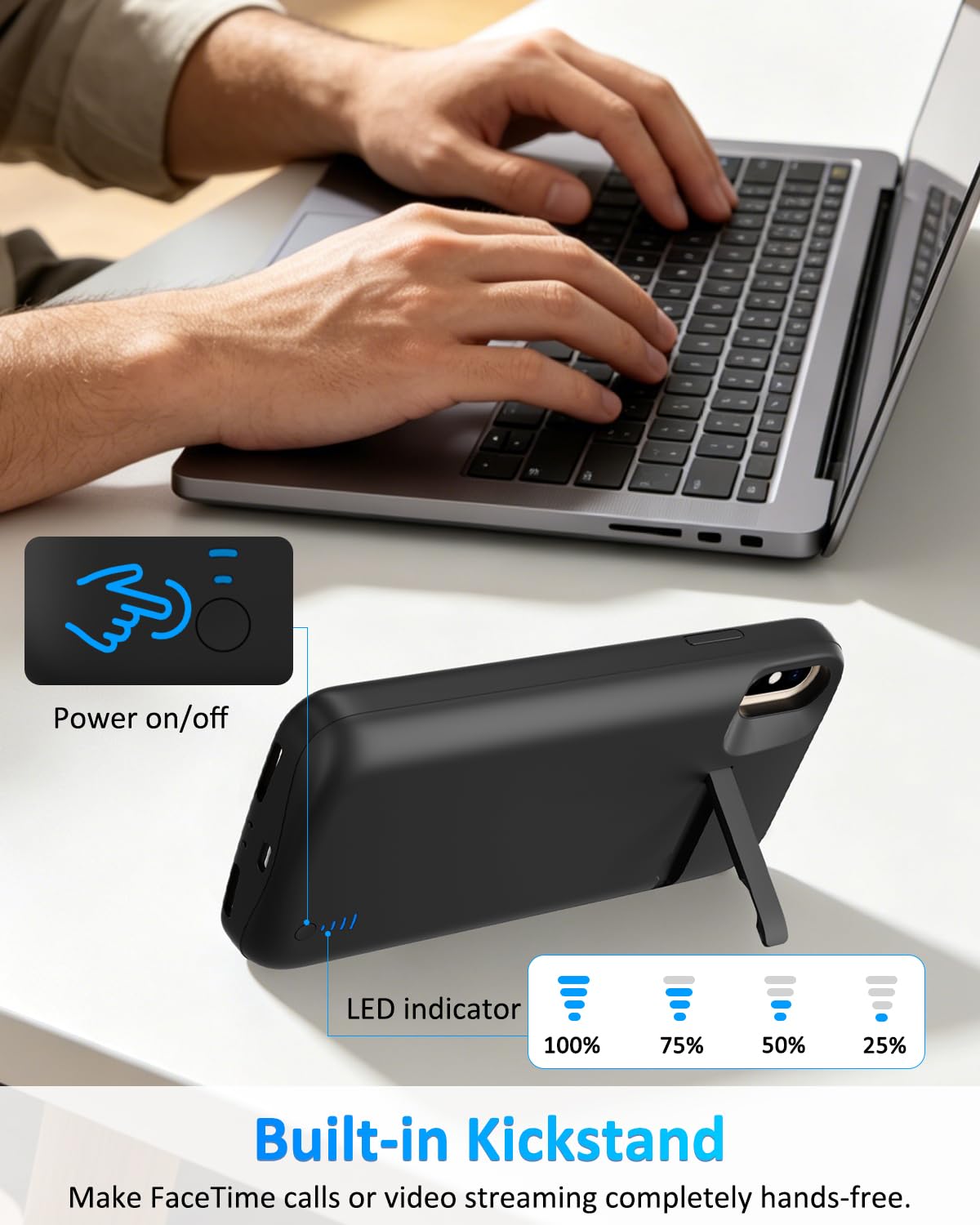Funda con batería para iPhone X/XS, 6000 mAh, delgada, recargable, extendida, cargador de batería de respaldo con soporte, batería portátil para iPhone X/XS, color negro