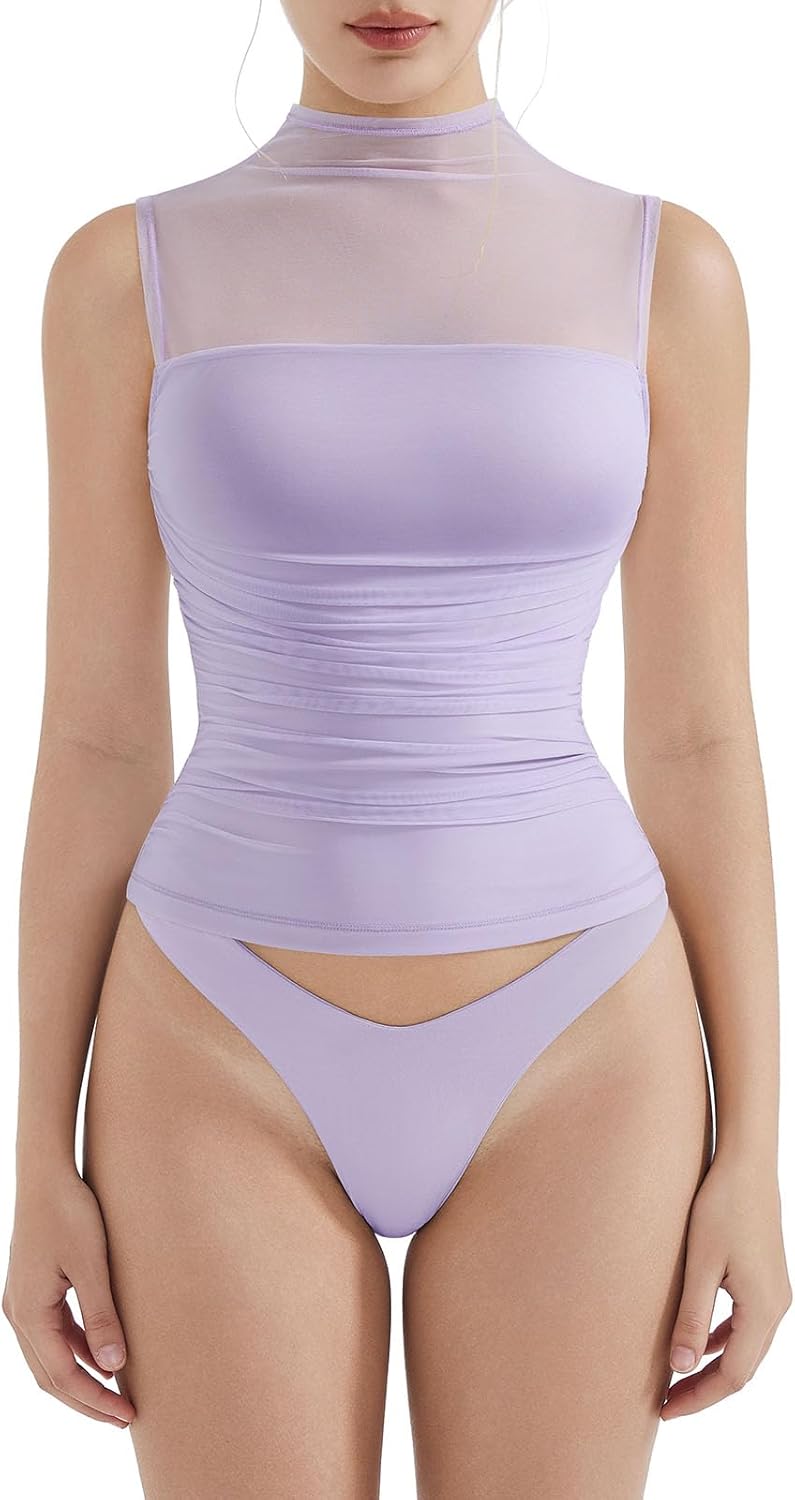 SUUKSESS Women Sexy Mesh Sheer Crop Tank Tops Sleeveless Ruched Going Out Tops