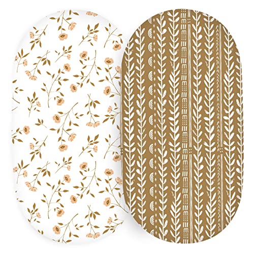 Image of Bassinet Sheets for Baby Girl Boy 2 Pack, Soft Jersey Knit Bassinet Fitted Sheets Universal for Oval, Rectangle or Hourglass Bassinet Mattress, Retro Brown Flower
