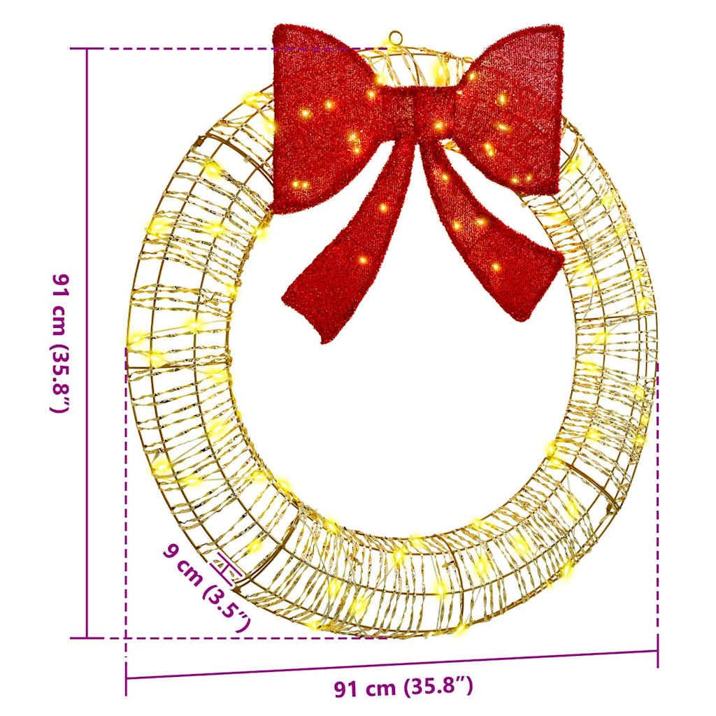 Couronne avec 80 LED blanc chaud PET 91 x 91 x 9 cm avec grand nœud et bande LED USB pour décoration d'arbre de Noël, décoration festive intérieure et extérieure, éclairage de l'Avent
