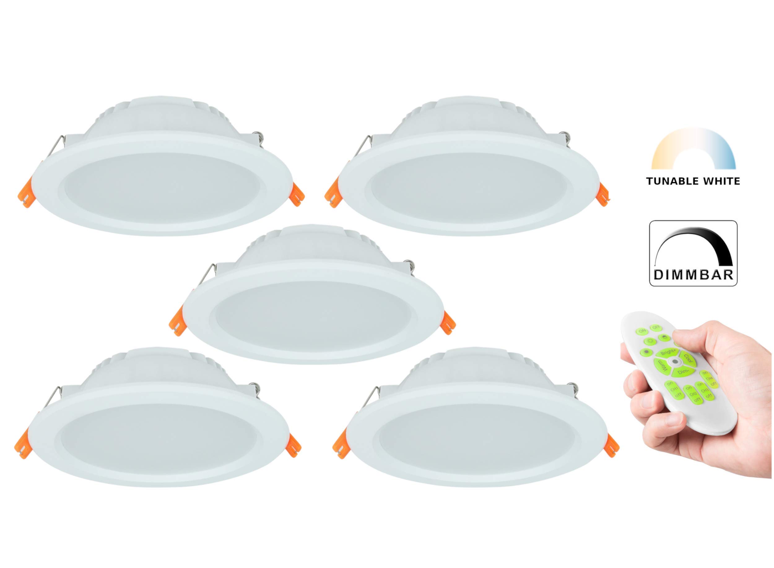 7W Tunable-White LED Einbaustrahler CCT 3000-6000K, Dimmbar + Farbtemperatur einstellbar, Warm + Neutral + Kaltweiß, IP44 Schutzklasse, 2.4G Funk (5er Set mit Fernbedienung, 7W)