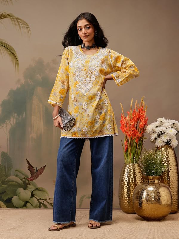 Image of Ada Hand Embroidered Lucknowi Chikankari Cotton Top for Women A911454 | Lucknowi Short Kurta Kurti Tunic Casual Wear Ethnic Wear Chikan Work Straight handcrafted top Kurti for Office