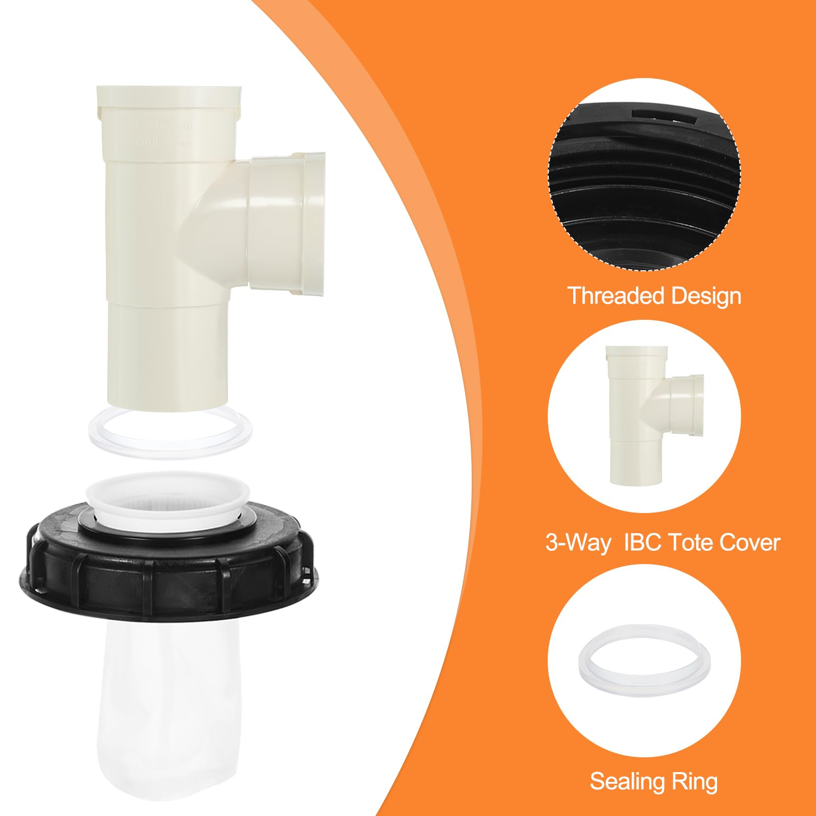 QUARKZMAN 163mm Tapa de Filtro de IBC, Adaptador de Manguera de Tote IBC de Plástico de 3 Vía para Contenedor de Tanque de Agua de Lluvia de 1000L para Tanque de Agua de 275gal, Negro/Blanco