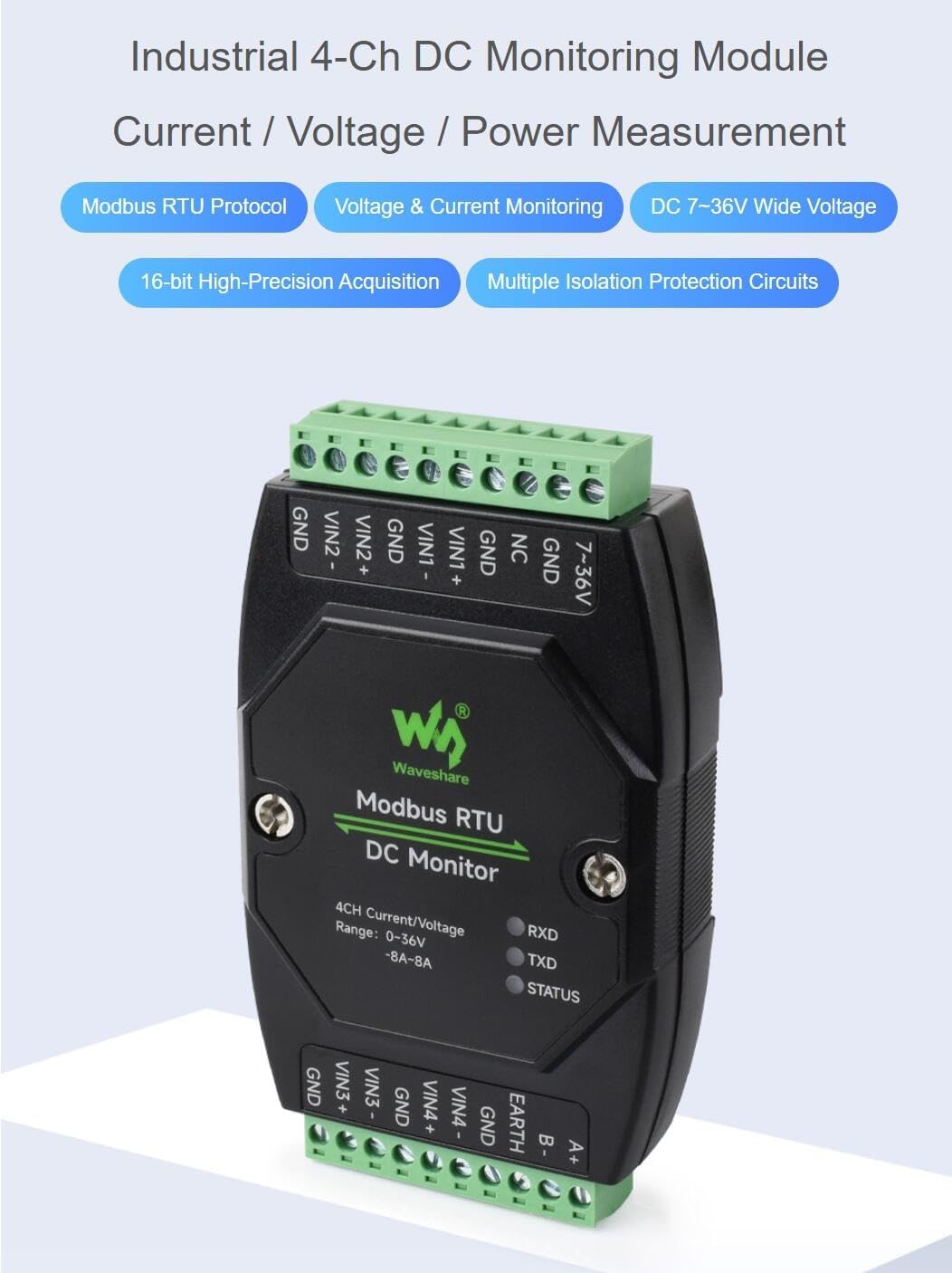 Industrial 4-Ch DC Monitoring Module, 16-bit High-Precision Acquisition, Supports Voltage and Current Measurement, Modbus RTU Protocol, with Various Isolation and Protection Circuits