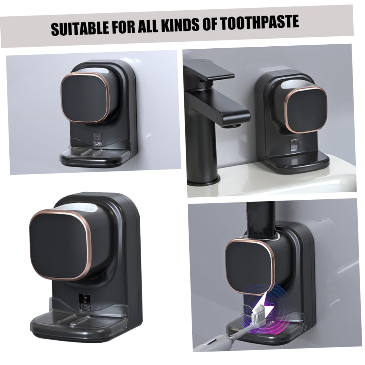 Dispenser Dentifricio Automatico Cavo USB Incluso da Parete Sensore in Plastica Nera Resistente, Facile da Installare senza Fori, per Bagno e Crema Mani