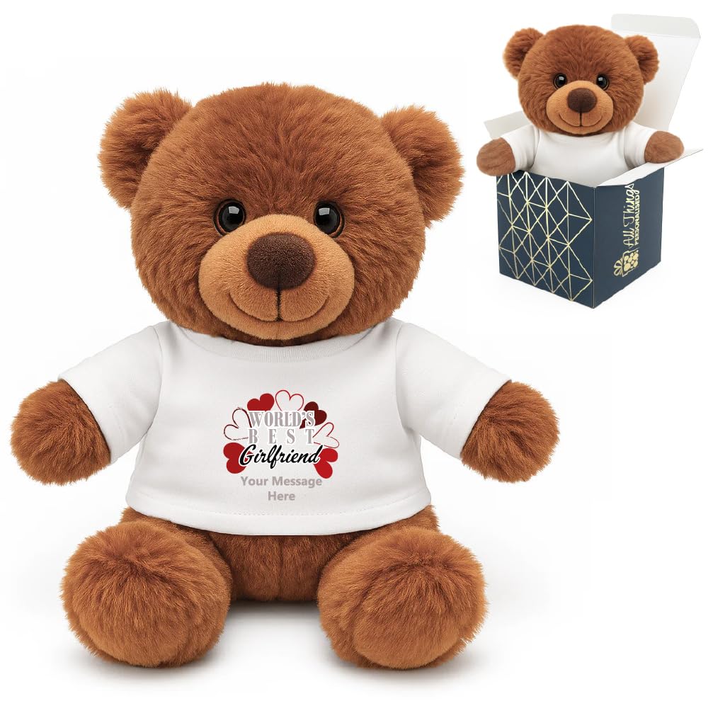 Personalised Dark Brown Teddy Bear with World's Best Girlfriend Design, Gift Boxed, Personalise with Any Message for Valentines, Anniversaries