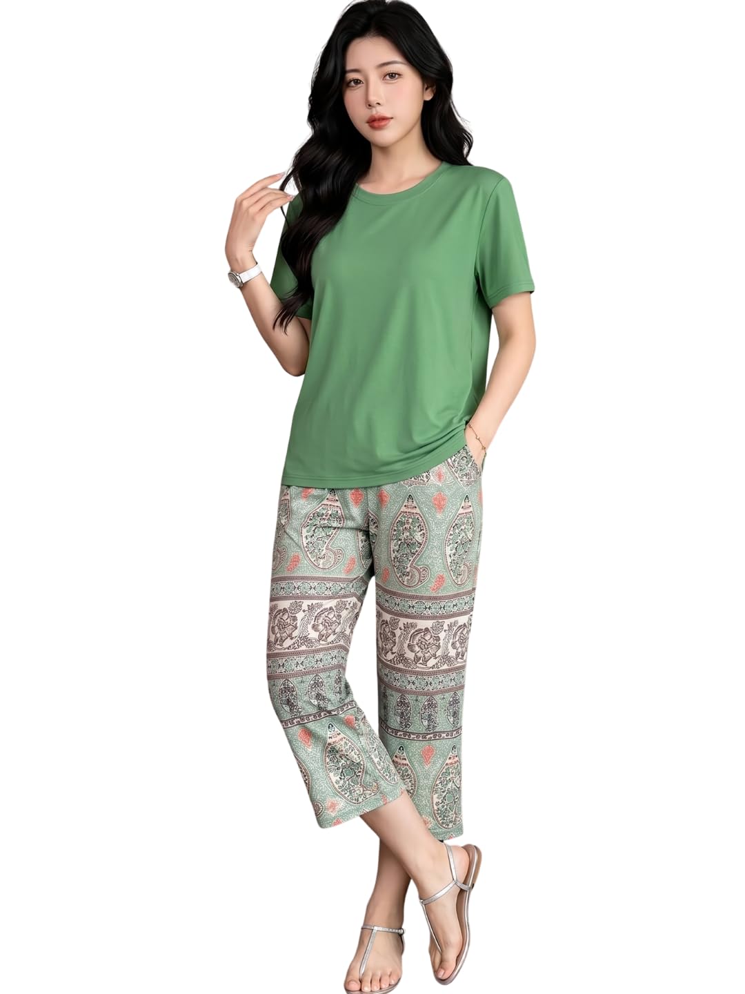 celary Women Cotton Nightwear Set | Short Sleeve Top & Printed Capri Pajama Set | Soft, Breathable Sleepwear for Ladies-picture-39
