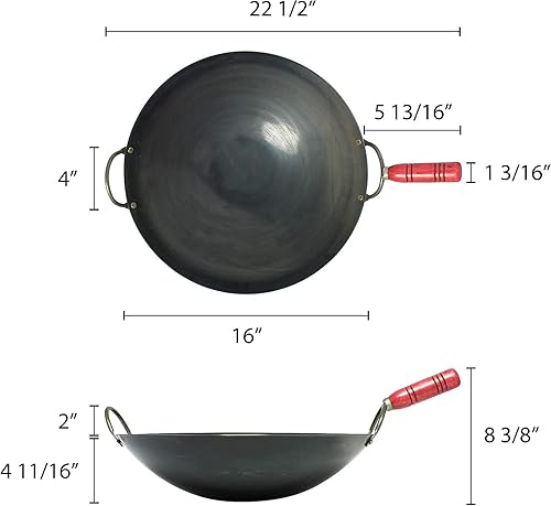 Miniatura 3 de Sartén wok de hierro de 16 pulgadas con mango de madera- Woks y sartenes para cocina china japonesa y cantonesa Sartén para freír woks tradicionales