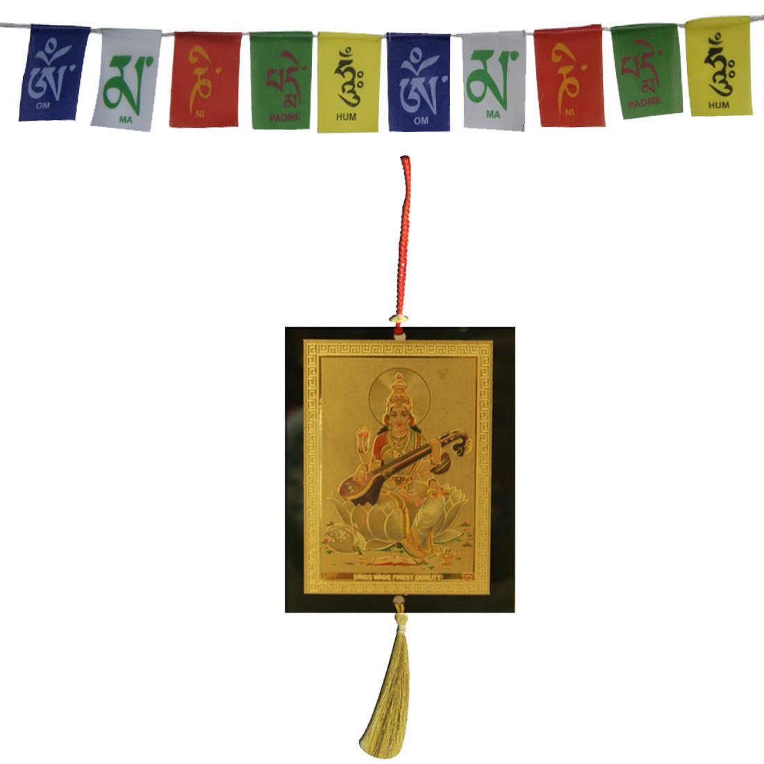 Divya Mantra Combo of Saraswati Car Decoration Rear View Mirror Hanging Accessories and Prayer Flag for Car