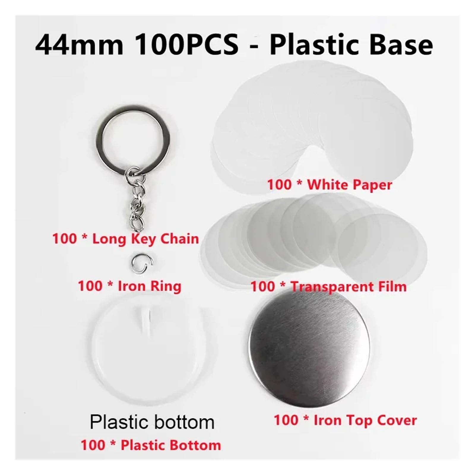 100 szt. pustych plastikowych/metalowych guzików do wyrobu 44 mm i 58 części samodzielnego wykonania breloczków kluczy Różnego przeznaczenia