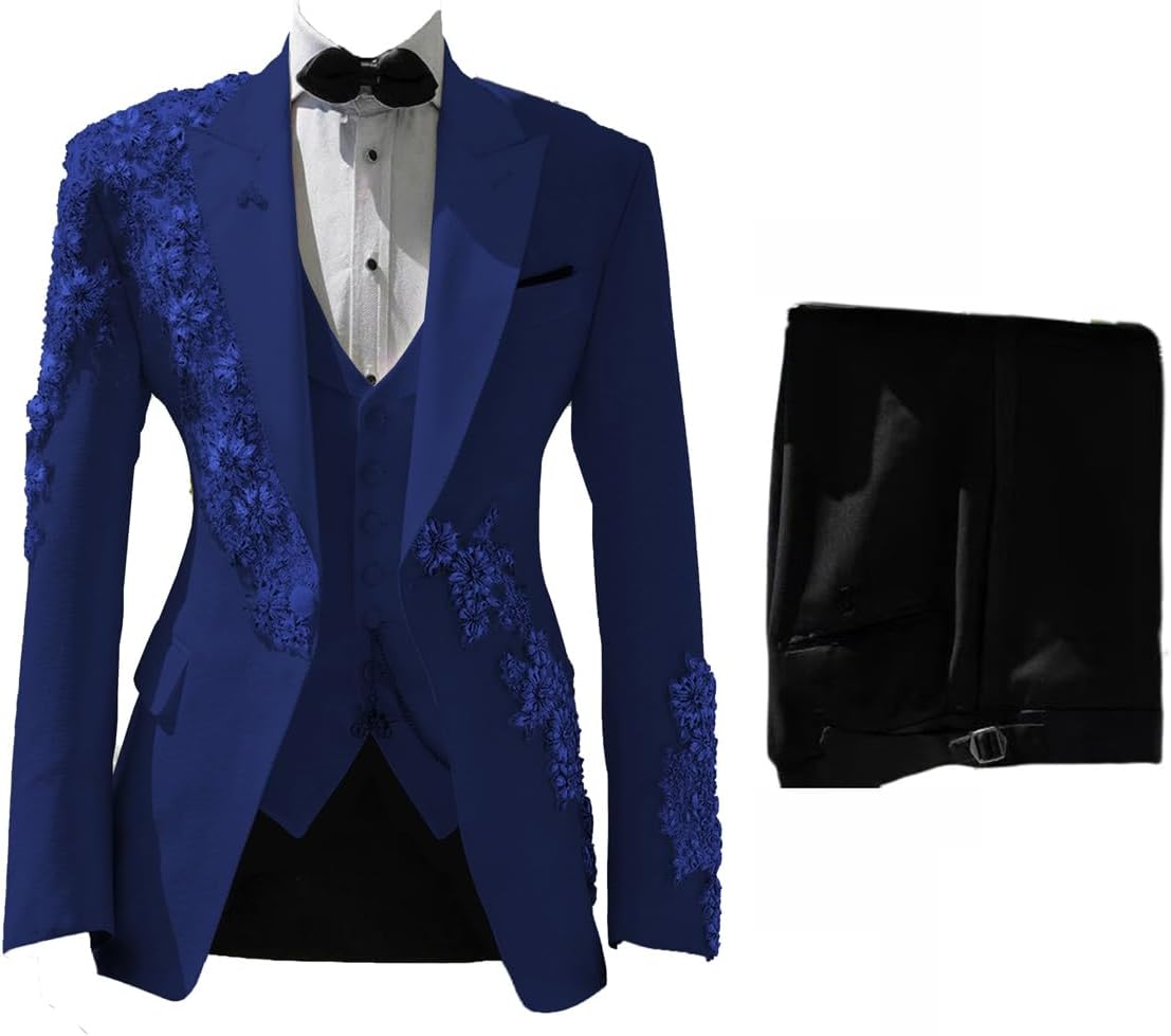 Men's Beads Suit 3 Piece Slim Fit Luxury Sequins Floral Tuxedo Prom Suits for Wedding Party Prom Peaked Lapel