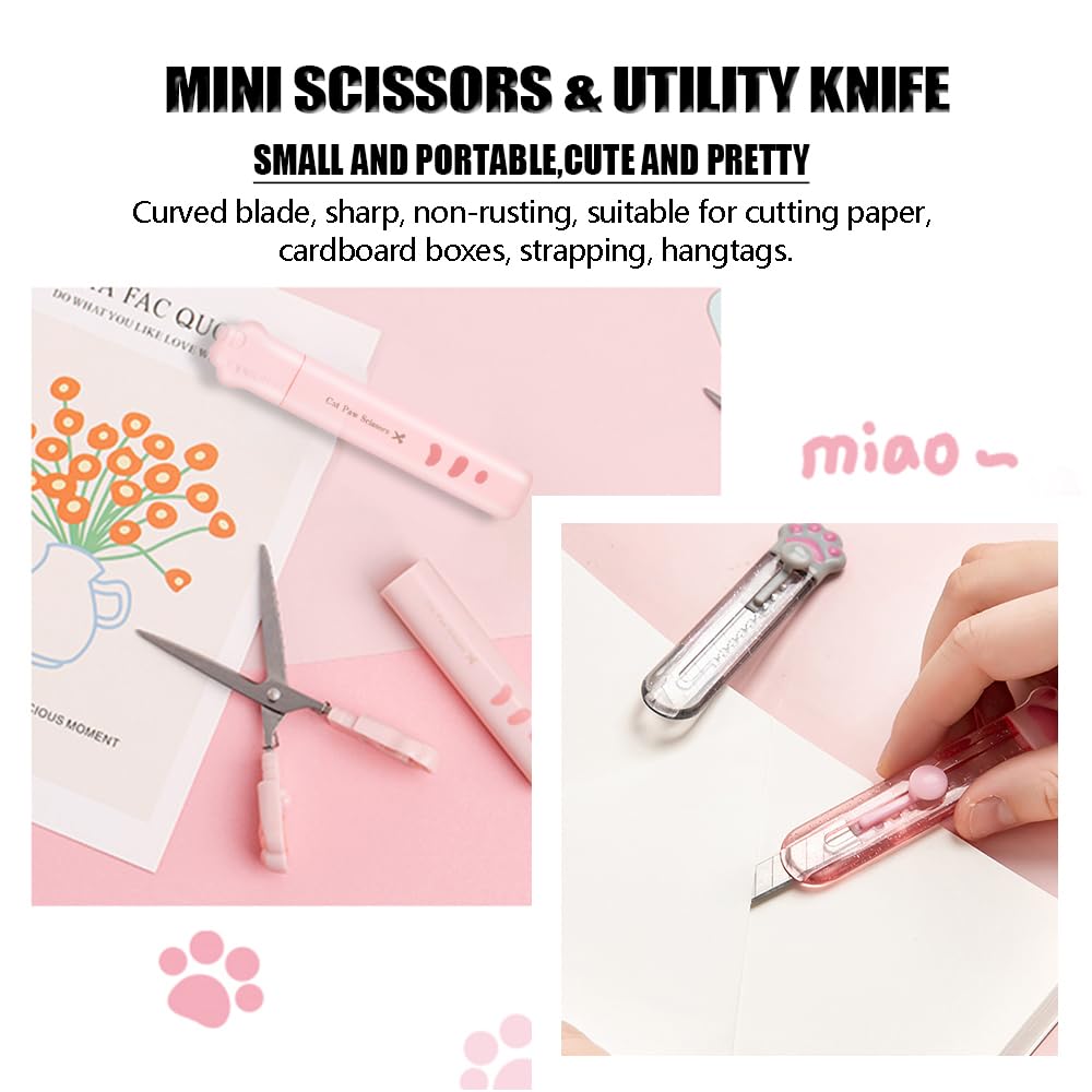 Cute Pink School Supplies, Kawaii Stationary Set, Japanese Stationery Birthday GIFS, Includes Pencil Sharpener,Eraser, Correction Tape, Ruler, Mini Scissors,Utility Knife, for Office Supplies: Set A