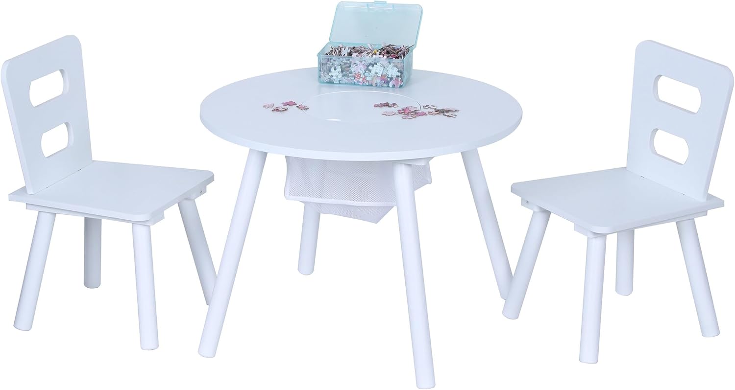 Relaxdays children's seating set, kids' table with 2 chairs, storage space, for boys and girls, kids' corner, MDF, white